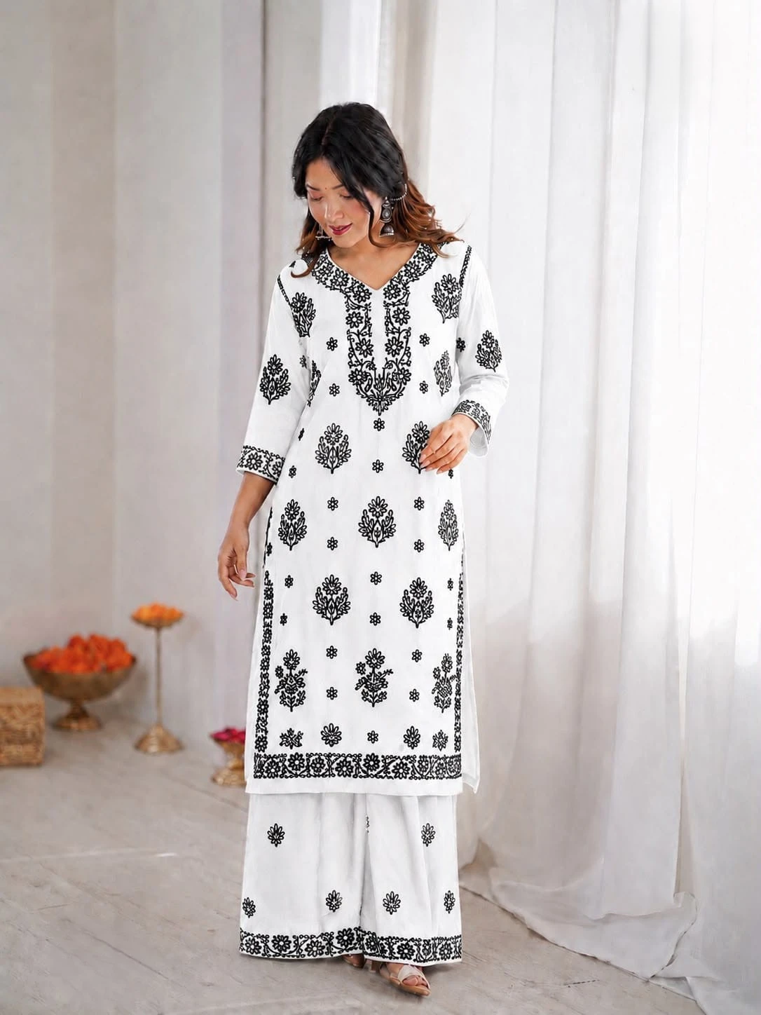 Trending Heavy Chikankari Rayon Kurti With Plazzo Set